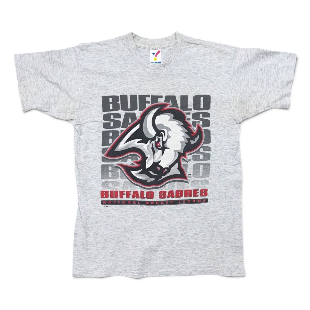 Vintage 90s Buffalo Sabres NHL Hockey T Shirt Artex Sportswear Gray Large Logo